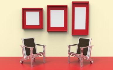 Two chairs amid the red framework 3d