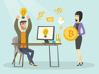 Wall Mural - Young caucasian businessman getting investment in the form of bitcoin coin for his startup business project. Concept of successful promotion of new cryptocurrency startup. Vector cartoon illustration.