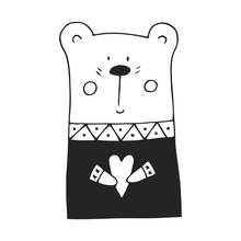 Cute Hand Drawn Nursery Poster With Bear And Heart In Scandinavian Style. Monochrome Vector Illustration