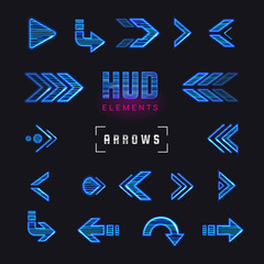 Futuristic interface hud design elements. Set of arrows, pointers, direction. Set of holographic arrows, pointers, direction for infographics. Effect glitch or neon or hologram.Tech and science theme.