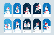 Christmas Tags With Hand Drawn Cute Snowmen. Blue Background. Happy New Year 2018. Doodles, Sketch For Your Design. Vector.