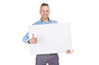 © kaninstudio - young man holding black blank panel with space for text on white background.