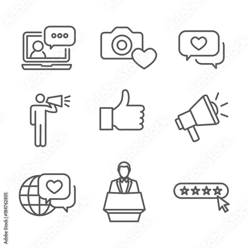 Foto Brand Ambassador Thin Line Outline Icon Set with Megaphone, Influencer Marketing