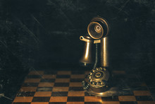 Retro Candlestick Telephone  Set On A Chess Game Photography With Created Artifacts