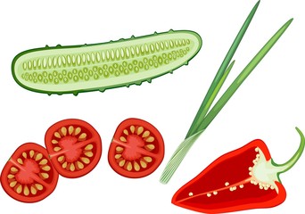 Wall Mural - Slices of different vegetables (cucumber, sweet pepper, tomato) and green onion leaves. Ingredients for vegetable salad