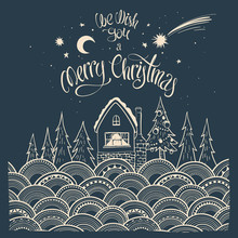 Vintage Christmas Illustration With Spruce Trees, Cottage, Abstract Pattern And Lettering