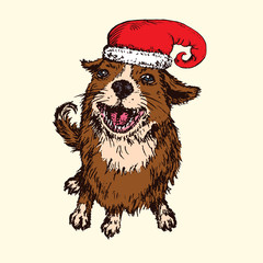 Happy dog in red Santa`s hat, top view, hand drawn doodle sketch, isolated vector color illustration