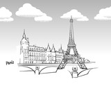 Fototapeta Paryż - Paris, France famous landmark sketch