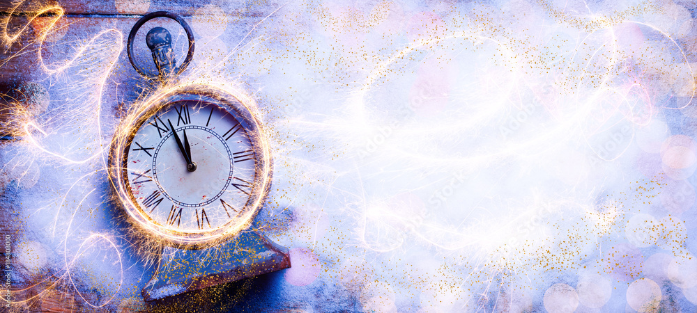 Abstract Winter Background with Clock  -  New Year  -  Symbol - obrazy, fototapety, plakaty 