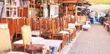 Athens, Greece. Vintage Chairs Collection At Monastiraki, An Open Air Flea Market