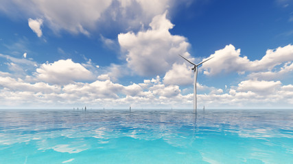 wind turbine generating electricity on sea 3d render