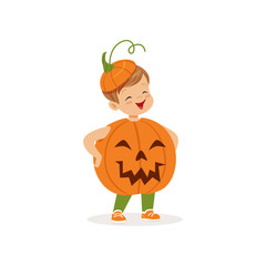 Wall Mural - Little boy dressed as a pumpkin, cute kid in halloween costume vector Illustration