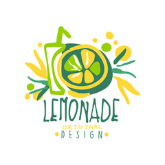 Sticker - Lemonade original design logo, natural healthy product badge, fresh citrus beverage colorful hand drawn vector Illustration