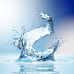 Wall Mural - Water splash in dark blue color with a drop of water flying from above