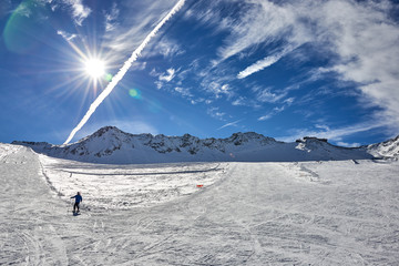 Winter landscape, Val Senales Italian glacier ski resort in sunny day, Panorama of Italian Alps