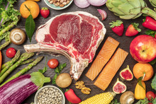 Overhead Photo Of Various Foods. Vegetables, Legumes, Fruits, Fish, And Meat