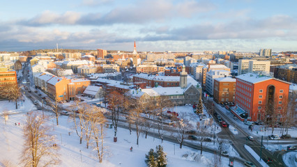 Aerial panoramic view of Tampere city at winter, Finland