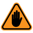WARNING sign. STOP HAND gesture in yellow triangle. Vector icon