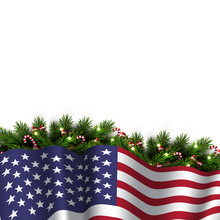 Vector Board With Christmas Tree And American Flag. Patriotic Frame For Greeting Wishes