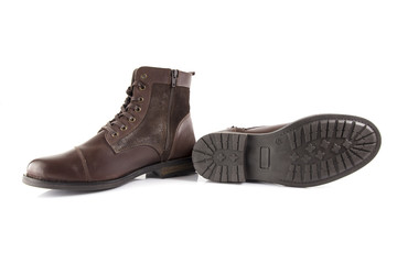 Male brown leather boot on white background, isolated product, comfortable footwear.