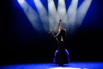 A young woman singer on stage during a concert