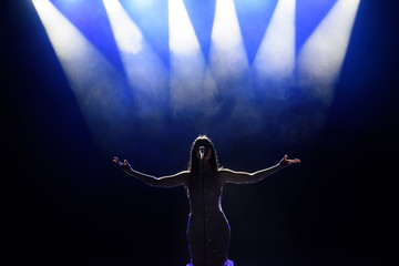 Wall Mural - Singer performing on stage with lights. Concert. View from the auditorium.