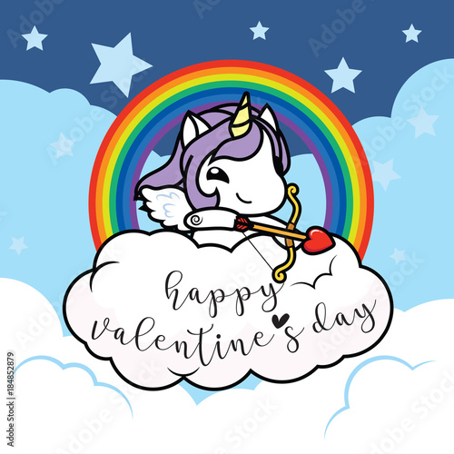 Vector Illustration Of Cute Cartoon Unicorn With Cupid Wings And Arrows Sitting On Cloud With Rainbow Blue Sky Background Flat Design Sweet Color For Kids Card For Valentine S Day