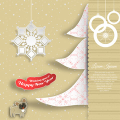  Vector cardboard art for Happy New Year with insert in the form of a white Christmas tree with pattern, text, snowflake, dog cut from paper on the background with snowfall.