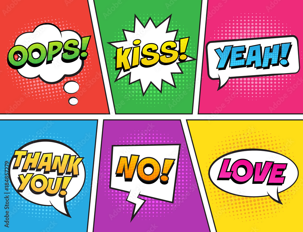 Retro comic speech bubbles set on colorful background. Expression text ...