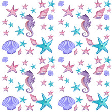 Watercolor Nautical Pattern With Seahorse
