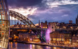 Tyne Bridge and night cityscape under colourful sunset, Newcastle upon Tyne, England, UK