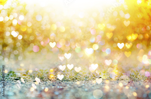Beautiful shiny hearts and abstract lights background Poster Mural XXL