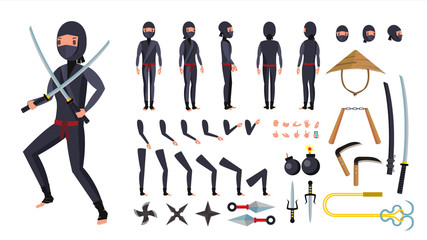 Ninja Vector. Animated Character Creation Set. Ninja Tools Set. Full Length, Front, Side, Back View, Accessories, Poses, Face Emotions, Gestures. Isolated Flat Cartoon Illustration