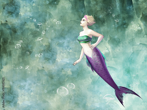 Beautiful Mermaid With Cute Blonde Hair And Fish Fin Buy This