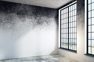 Loft interior with empty poster and city