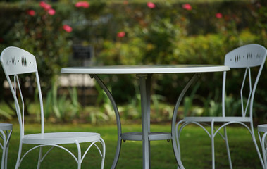 A table and chair of the green park where it was fine