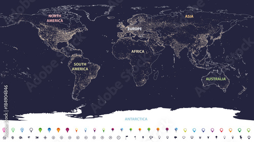 Obraz na płótnie world city lights map with labeled continents in different colors and location icons