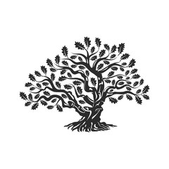 Wall Mural - Huge and sacred oak tree silhouette logo badge isolated on white background.