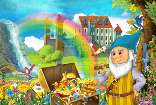 Plakaty do pokoju dziecka cartoon-scene-with-beautiful-stream-rainbow-and-palace-in-the-background-little-dwarf-is-standing-near-hidden-home-in-old-tree-quarding-chest-full-of-treasures-and-smiling-illustration-for-children