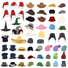 Vector Big Set Of Cartoon Hats And Caps. 57 Headwear Items.
