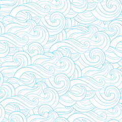 Abstract cartoon blue white background, wallpaper. Doodle pattern sea waves, ocean, river, wind. Seamless texture textile fabric, printing, web design, card, poster, flyer, banner, packaging, wrapping