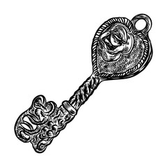 Wall Mural - Ornamental medieval vintage key with intricate design, Victorian leaf scrolls and hand drawn swirls.  Vector.