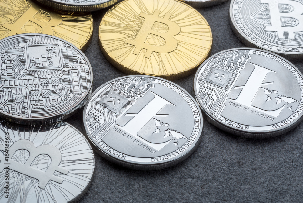 Illustration of the development of the crypto currency market, trends, forecasts of specialists and traders. Litecoin and Bitcoin virtual money