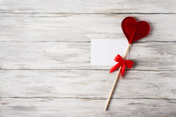 Red Candy Lollipop And Blank Note On Grey Rustic Wood Background Valentines Theme