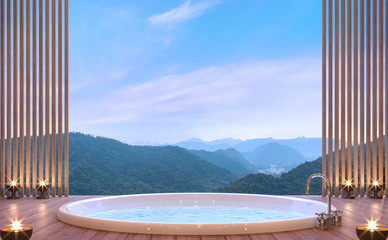 Luxury bathroom with mountain view 3d rendering image. There are wood floor decorate wall with wood lattice. There are glass railing overlooking the surrounding nature and mountain