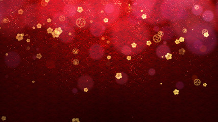 Poster - Red Chinese New Year Celebration texture digital background with falling cherry blossoms, and sparkling particles