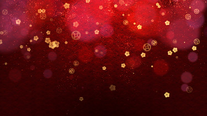 Poster - Red Chinese New Year Celebration texture digital background with falling cherry blossoms, and sparkling particles