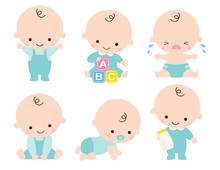 Cute Baby Or Toddler Boy Vector Illustration In Various Poses Such As Standing, Sitting, Crying, Playing, Crawling.