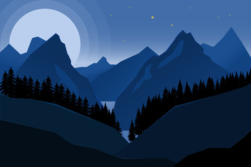 Wall Mural - Landscape of night mountains in flat style. Design element for poster, banner.