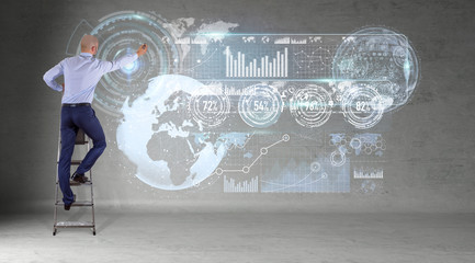 Poster - Businessman using graph screens interface on a wall 3D rendering